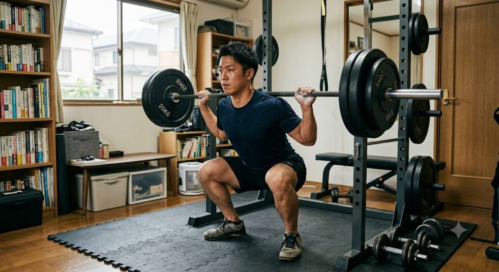 自宅にバーベルラックを設置してスクワットをしている日本人男性の画像