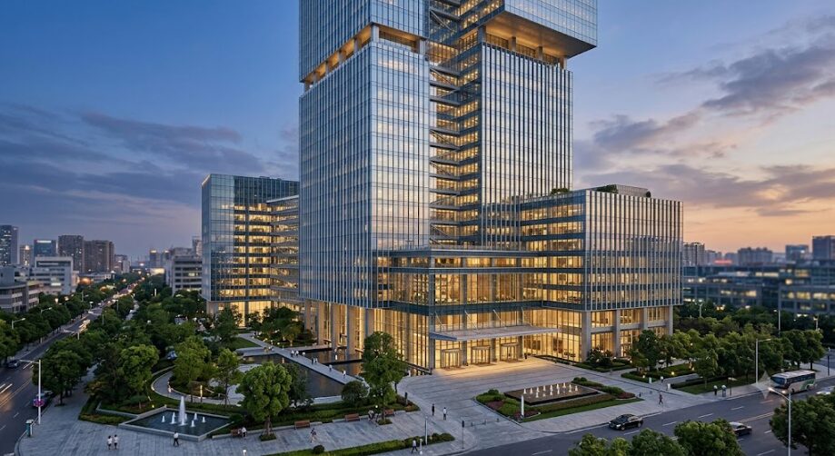 都会に建造された大きな企業の持ちビルの画像