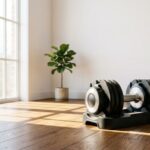 可変式のダイヤルダンベルが自宅のフローリングの床に置かれてる画像