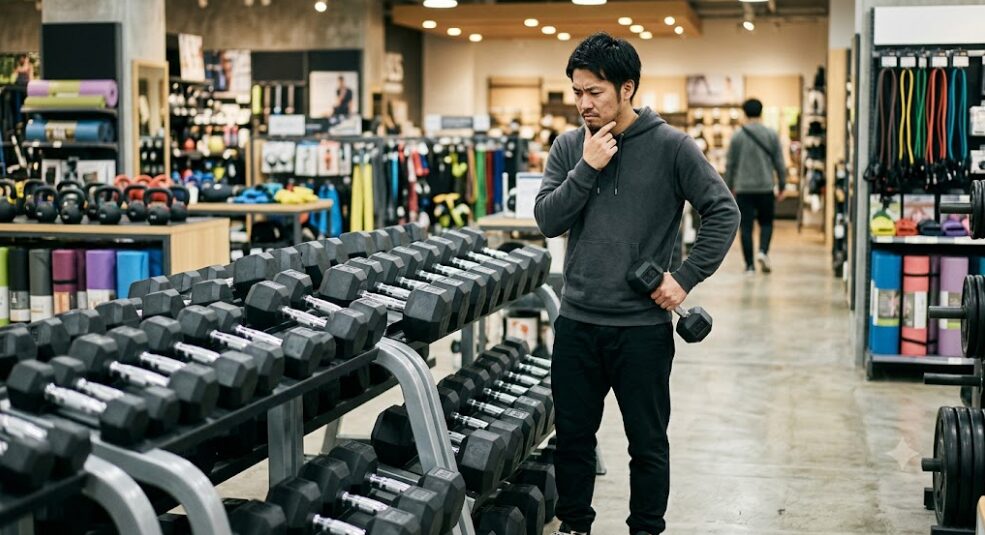 ホームセンターで度のダンベルを買うか悩んでる男性の画像