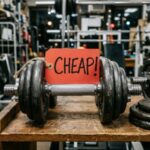 中古ダンベル店に置いてあるダンベルにCHEAPという札が貼られてる状態