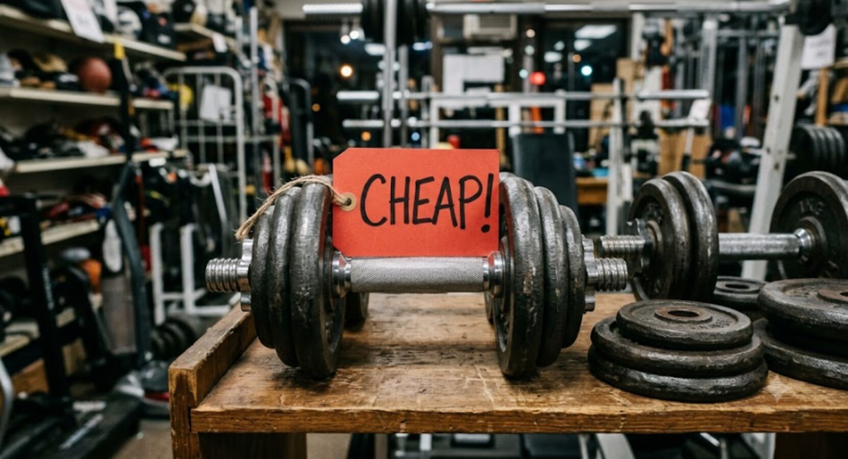 中古ダンベル店に置いてあるダンベルにCHEAPという札が貼られてる状態