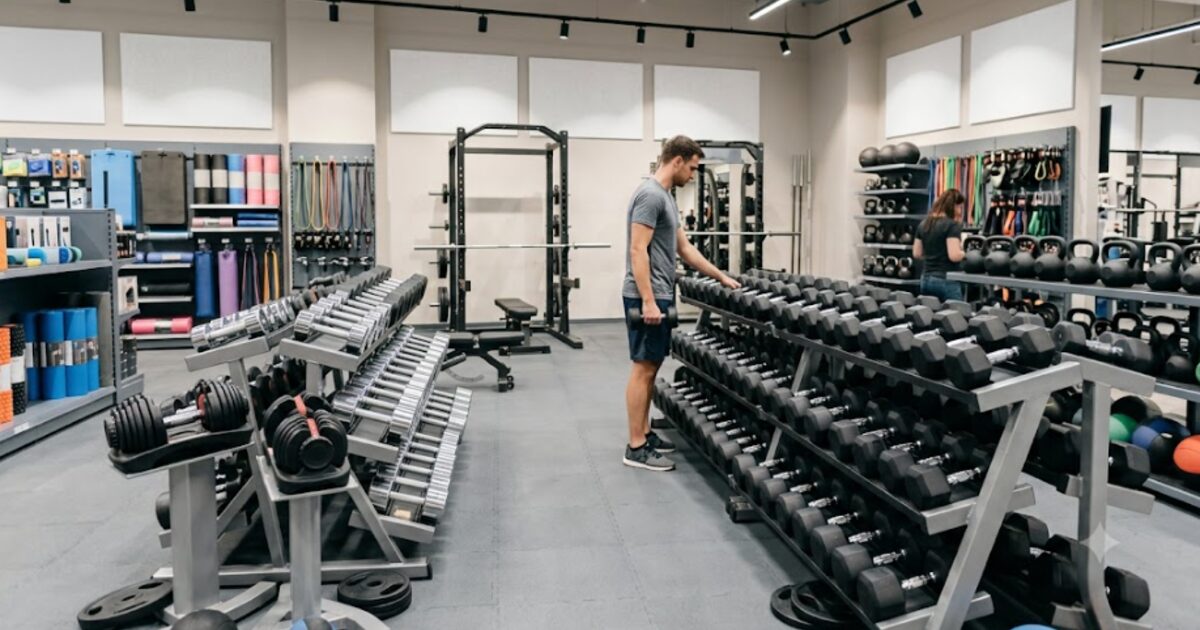 ホームセンターのダンベル、筋トレ器具売り場で物色してる男性