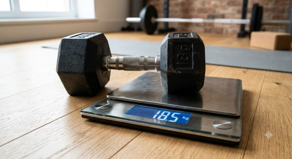 固定式ダンベルが体重計の上に乗っていて18.5キロを示してる画像