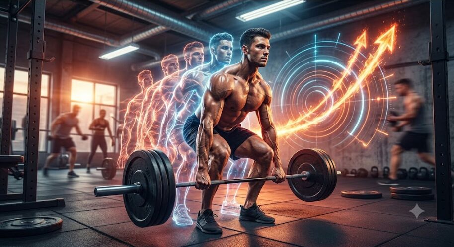 時間を気にしながらバーベルデッドリフトをする男性
