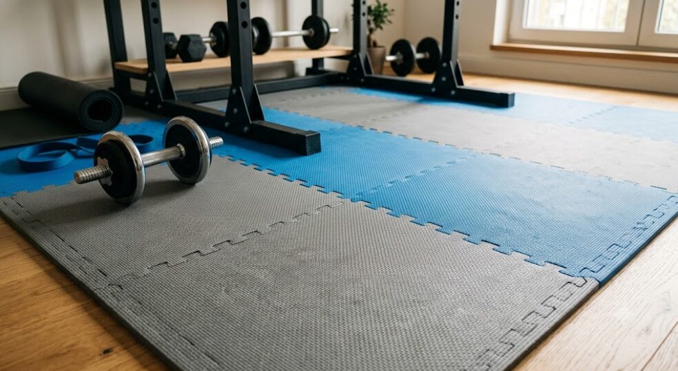 チンニングスタンドやダンベルの下に敷かれたグレーと青色のジョイントマット