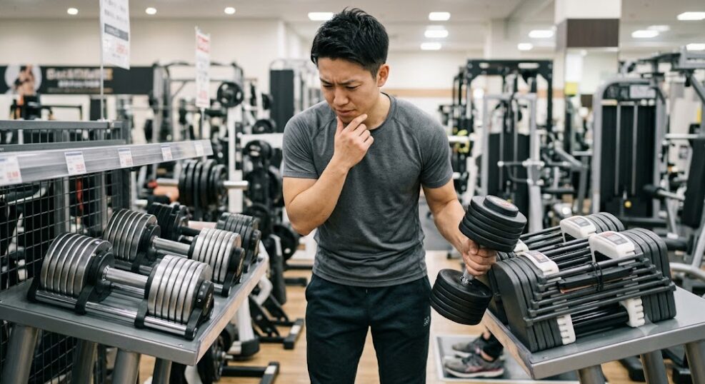 可変式ダンベルの選択で悩んでる男性