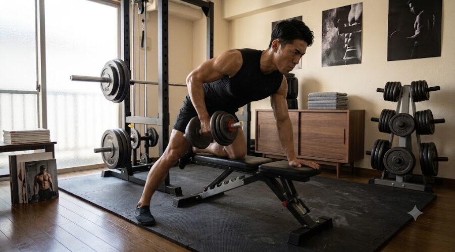 自宅でワンハンドローイングする男性の画像
