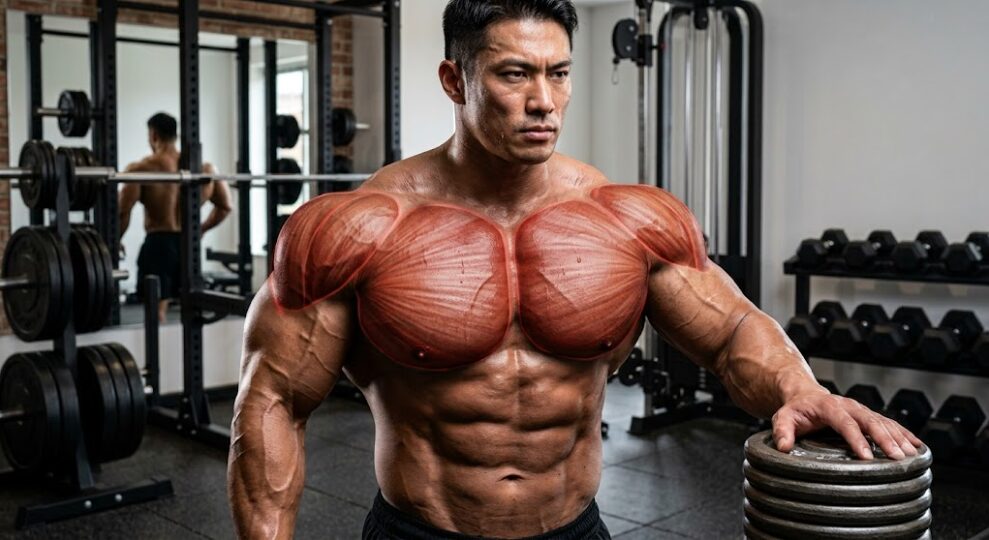 大胸筋と三角筋が赤くマーキングされてるマッチョ男性の画像