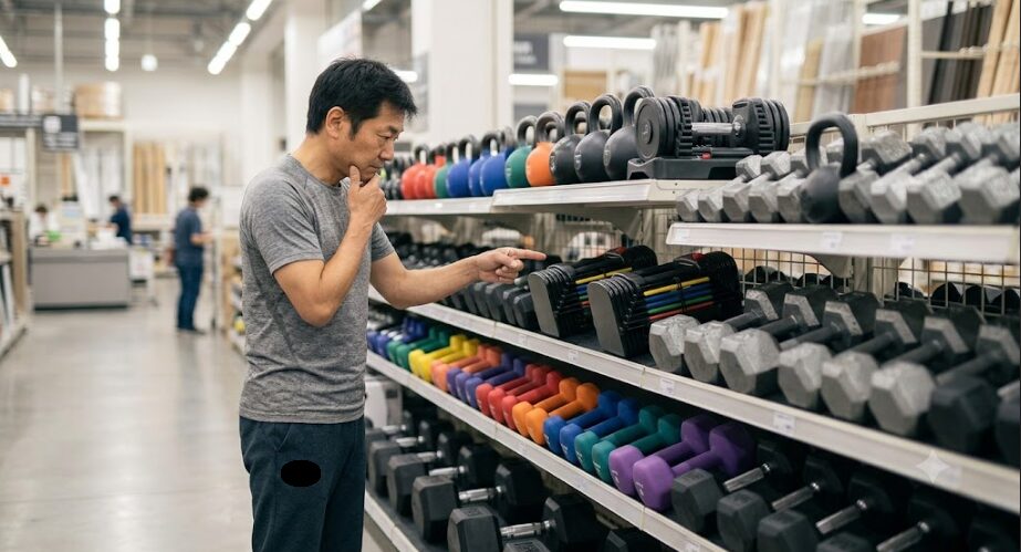 ホームセンターのダンベル売り場で物色してる男性