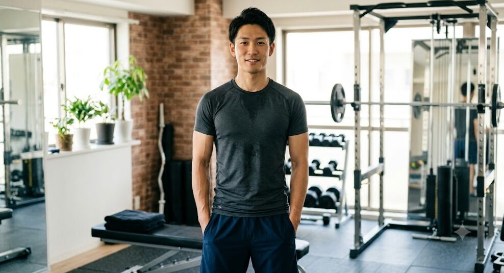 ジムに立っている軽く筋トレをしているであろう細マッチョ男性の画像」