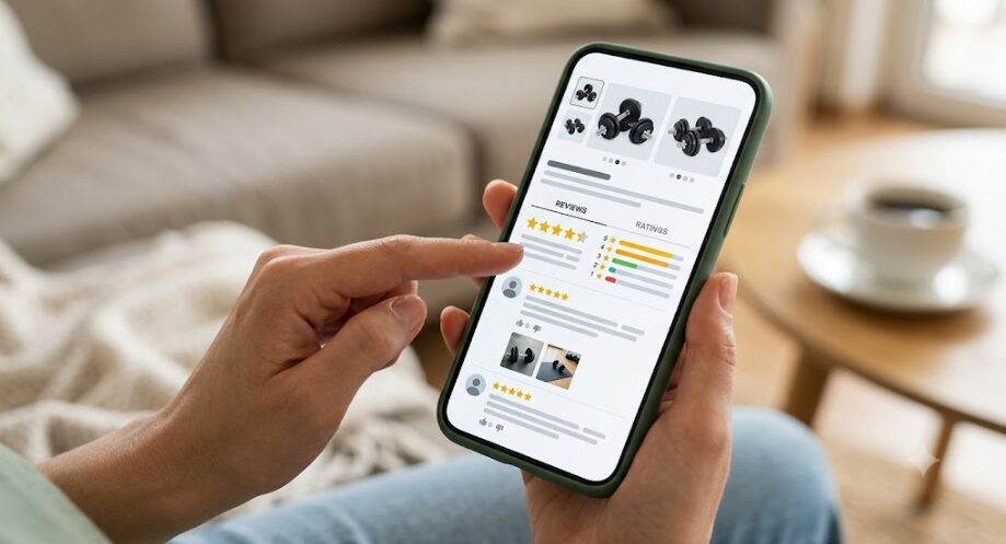 スマホの通販サイトでダンベルのレビューを確認する画像