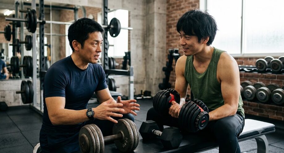 ダンベルの評価を語り合う男性二人
